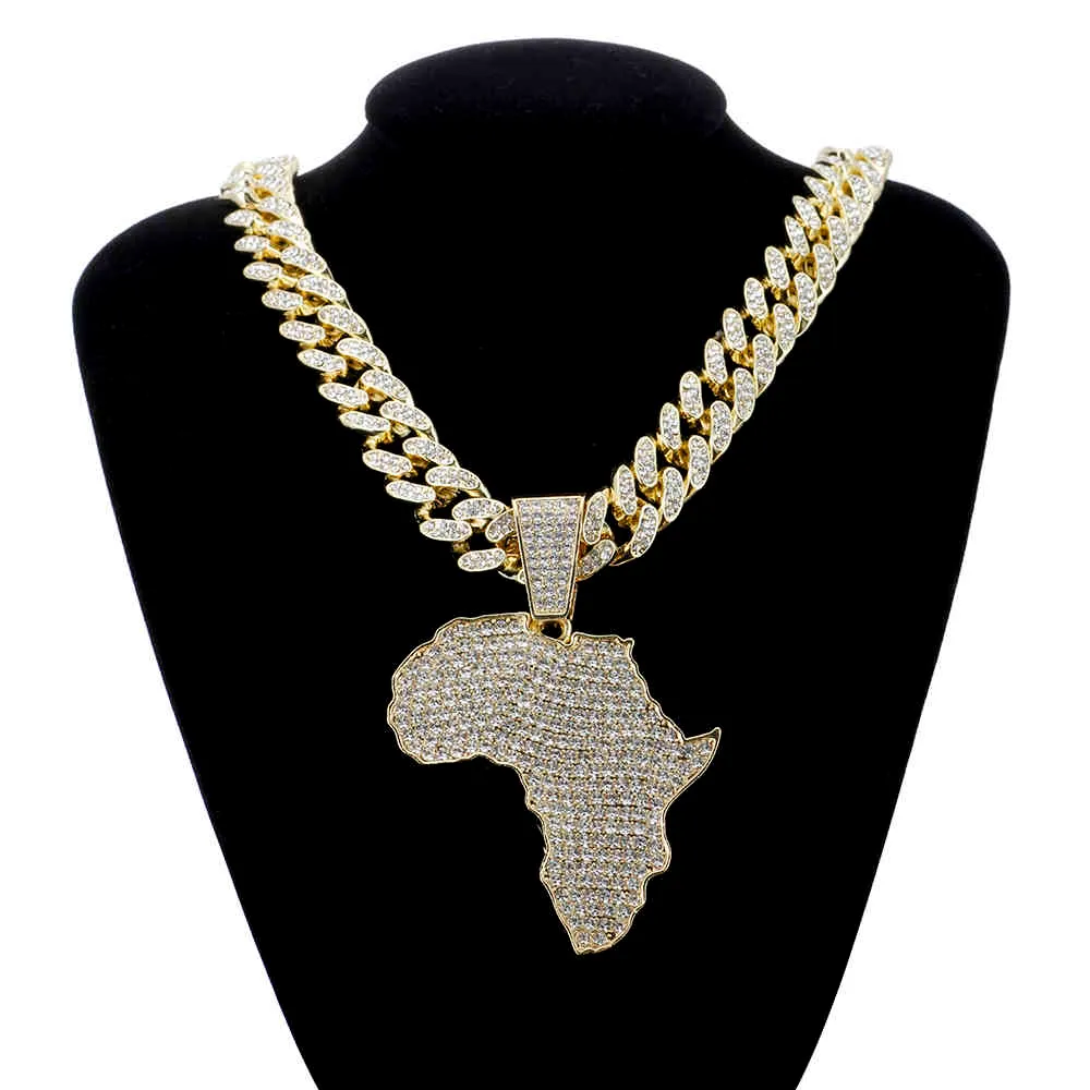 Мода Кристалл Африка Карта Ожерелье Для Женщин Мужские Хип-Хоп Аксессуары Ювелирные Изделия Ожерелье Choker Cuban Link Цепной Подарок 210323