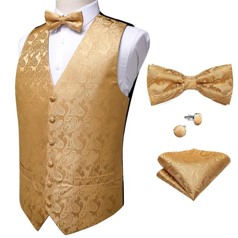 Men's Vests Classic Paisley Waistcoat Vest Suit Set Barry.Wang Party Wedding Bowtie Gold Handkerchief Cufflinks DiBanGu