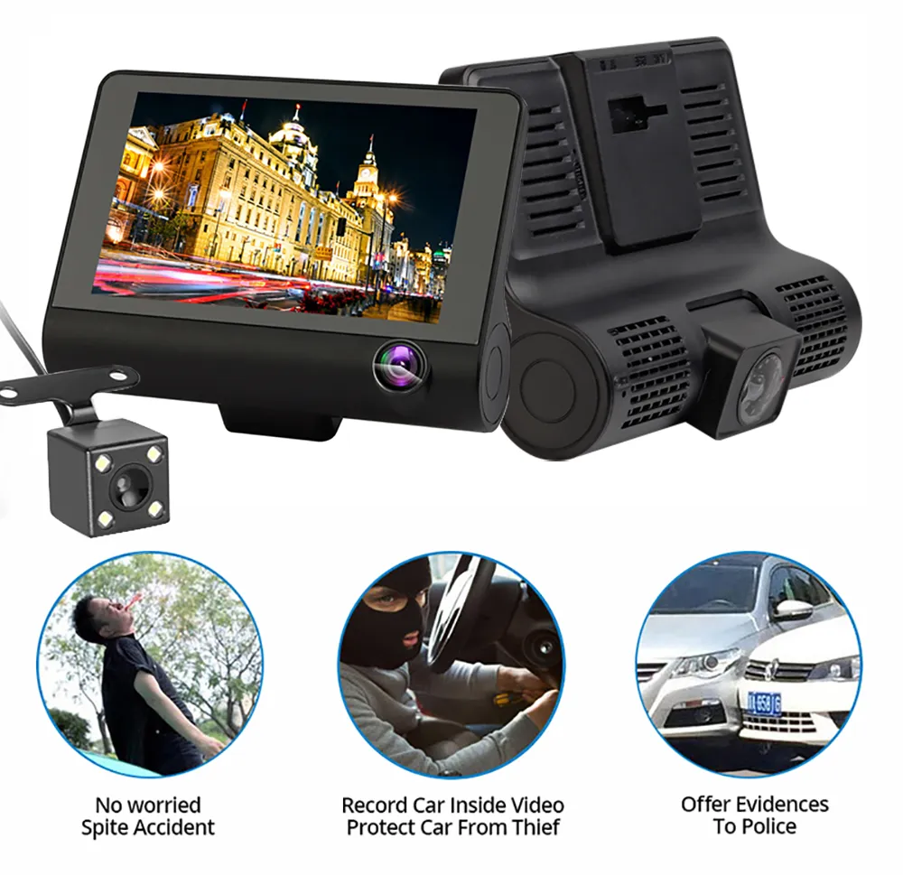 Car DVR 3 Kamery Full HD 1080P Dual Obiektyw Kamera 4,0 cala ekran LCD z rejestratorem wideo 170 stopni