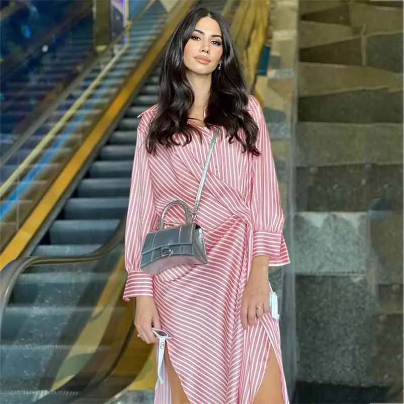 Платье с длинным рукавом на полоску розовая рубашка платье женщин повседневная мода негабаритный щель Maxi весна осенний офис Vestidos 210427
