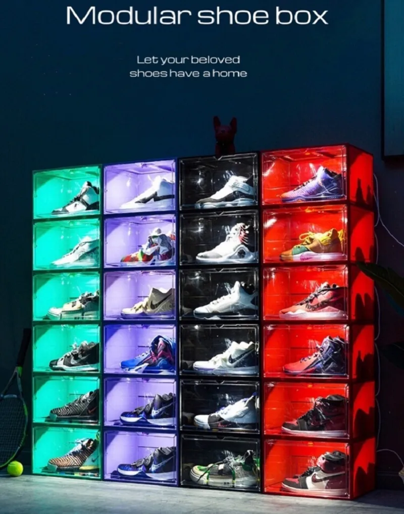 Contrôle du son LED s'allume clairement nouvelles chaussures baskets boîte de couleur stockage antioxydant organisateurs collection murale montrent 5 couleurs sont facultatives