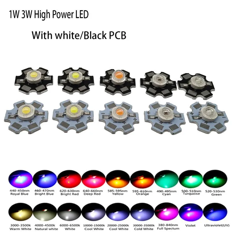 라이트 비드 10pcs 1W 3W 고전력 LED 전체 스펙트럼 흰색 따뜻한 녹색 블루 딥 레드 660nm 왕실 IR 20mm 블랙 스타 PCB