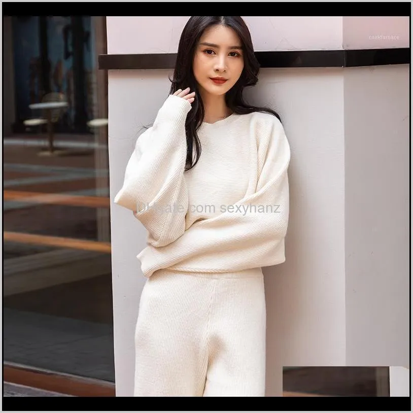 women`s fashionable knitted 2 piece set solid batwing sleeve crop knitting pullover sweaters elastic waist flare wide leg pants1