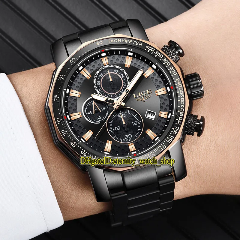 LIGE eternity LG9902 Relojes deportivos para hombre Fecha Dial Japón VK Cronógrafo de cuarzo Movimiento Reloj para hombre Caja de acero negro Pulsera de acero inoxidable