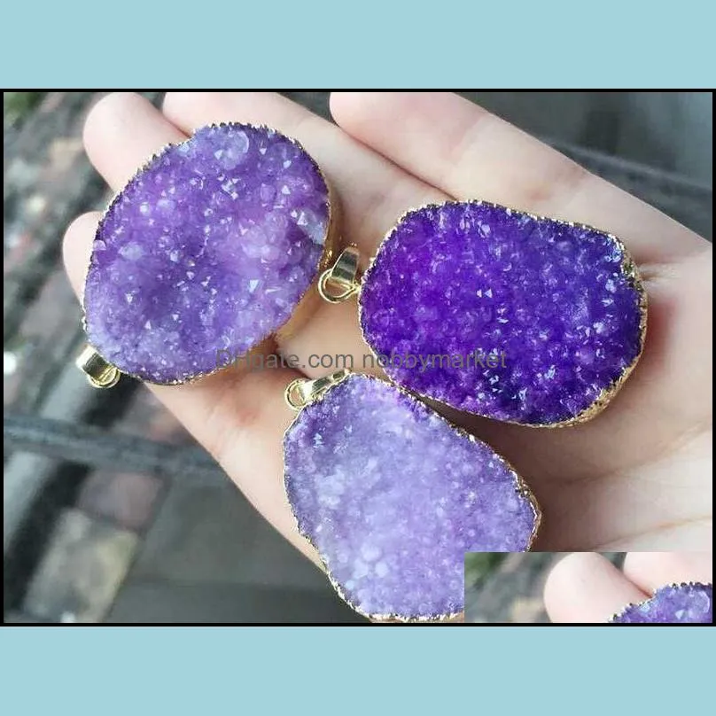 Pierres précieuses en vrac bijoux mode 6 pièces plaqué or violet Nature Quartz Druzy Geode pendentif, Drusy cristal gemme pierre connecteur perles, résultats