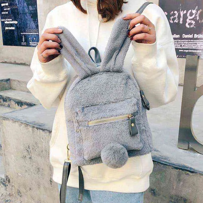 New Winter Cute Faux Fur Mini Backpack Rabbit Ear Women Travel Shoulder Bags Fashion Plush Bagpack Rucksack School Bag For Girls Y1105 From 12 99 DHgate