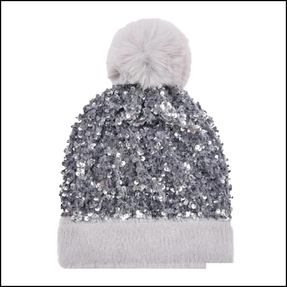 Sequins Knitted Hats Pompom Removable Winter Outdoor Beanie Warm Fashion Skull Caps Woolen Street Windproof Stretch Crochet Ear