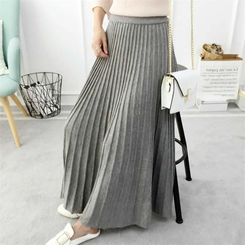 SETWIGG Women's Autumn Draped Rib Pleated Long Knitted Skirt Elegant Winter Wool Blend A-line Long Knit Skirt Elastic Waist 211120