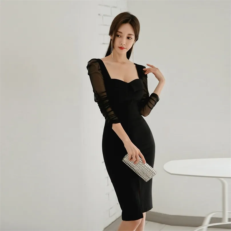 Black Formal Tight Dress Korean Ladies Summer Half Sleeve Lace