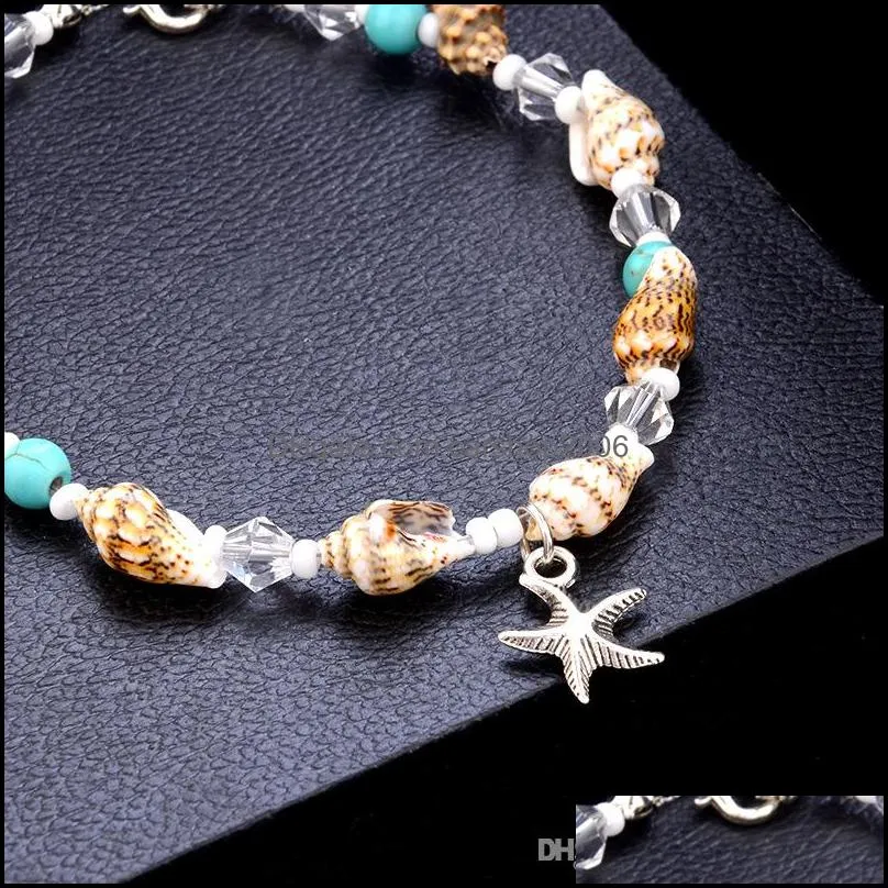 beach anklets set chain women`s shell starfish multi-layer beaded Bohemian handmade