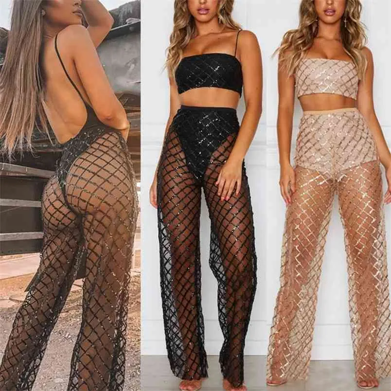 OMSJ Beach Mesh Sheer Sunscreen Loose Trousers Womens High Waist Fashion See Through Sexy Wide Leg Pants Street Club 210517