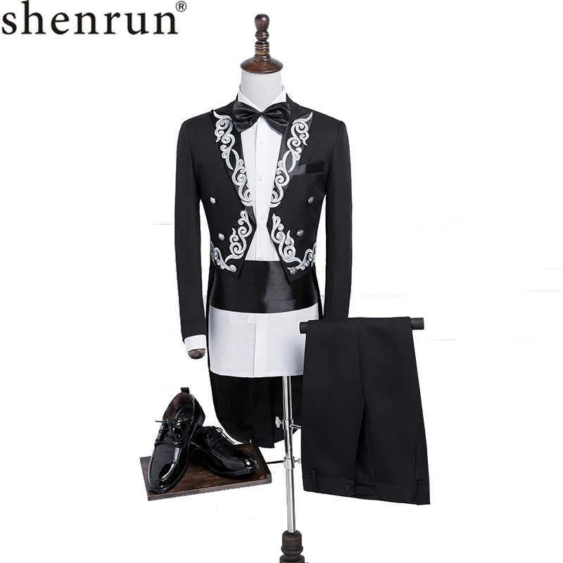 Shenrun Men Tailcoat Slim Fit Suit Moda Texudo Oro Argento Ricamo Risvolto Elegante Wedding Grooms Party Prom Costumi di scena X0909