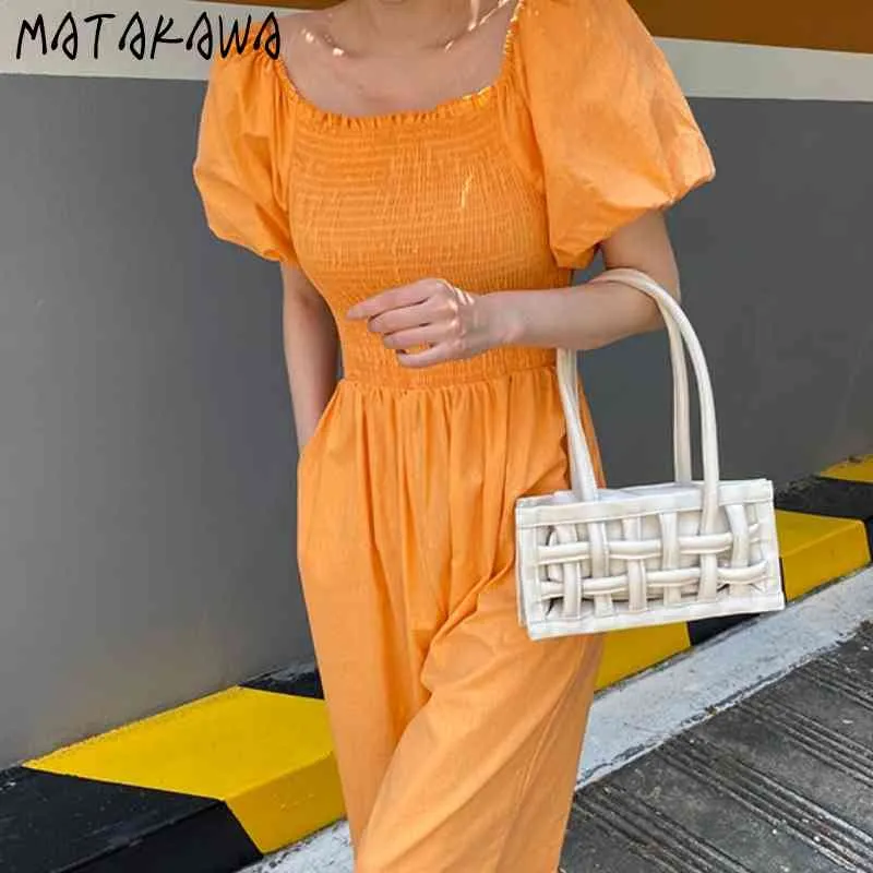 MATAKAWA Jump Suits for Women Summer One-neck Strapless Wrinkle Jumpersuit Women High Waist Loose Wide-leg Casual Jumpsuit 210513