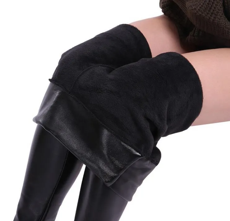 Leggings de veludo de pelúcia skinny slim feminina couro PU calças de inverno espessas tamanho grande preto S-5XL
