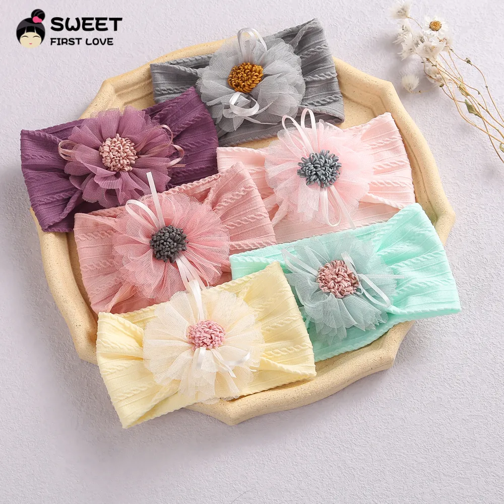 Korea Duży kwiat Newborn Baby Girl Opaski dla dzieci Szyfonowa Nylon Elastyczne Zespoły do ​​włosów Handmade Nakrycia głowy Akcesoria do włosów Nowy