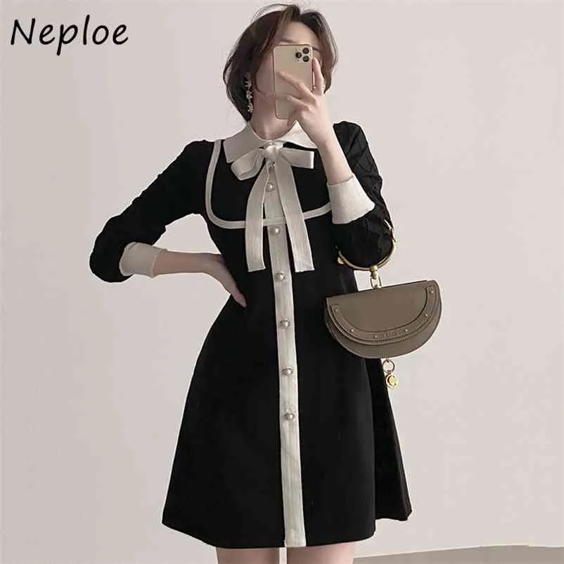 Korean Chic Elegant Knit Sweater Dress High Waist Hip A Line Knee Length Vestidos Turn Down Collar Bow Long Sleeve Robe 210422