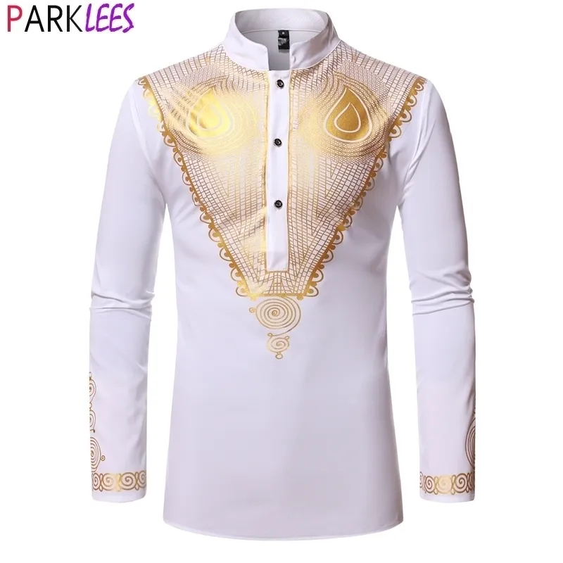 Lyxig metallisk guldtryck Afrikansk tröja Män Märke Nehru Collar Afrika Bröllop Mens Klänning T-shirts Traditionell Dashiki Kläder 210522