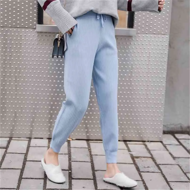 Cintura média de malha calças harem mulheres cordão cordão bolsos magro sweatpants pantalon femme 210520