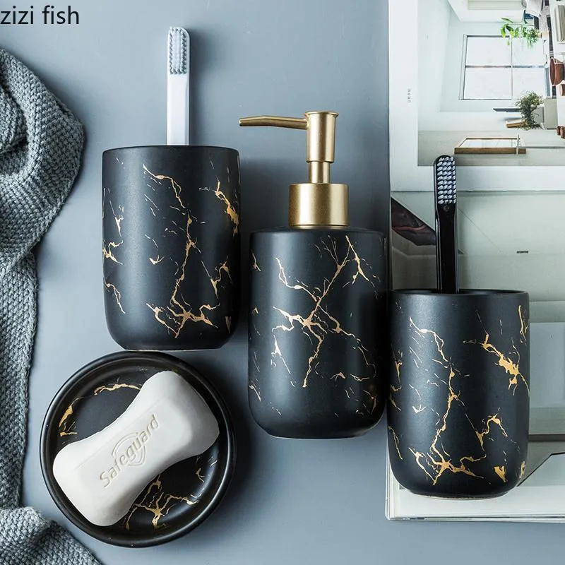 Black Marble Bathroom Set Matte Gold Ceramics Bathroom Accessories Soap  Dispenser Mouth Cup Toothbrush Holder Tumbler Dish Washing Decorate From  Lqingzhaoo, $12.48