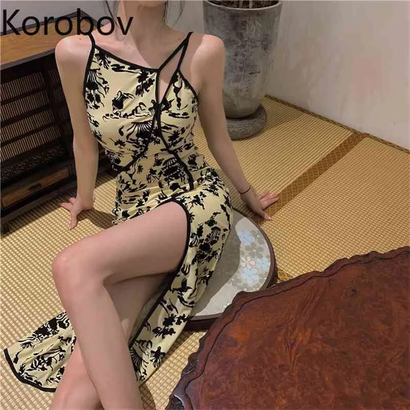 Korobov koreanska nya chic print kvinnor klänning sommar vintage sexig spaghetti band klänningar elegant split sexig boho klänning 210430