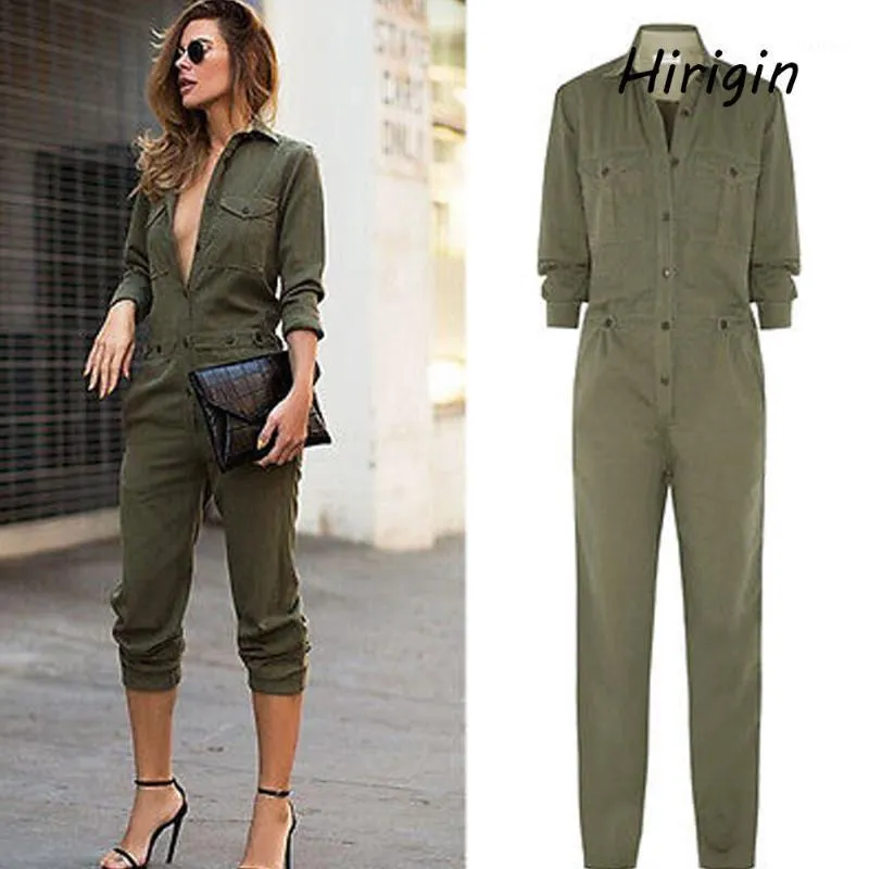 Kadın Tulumlar Tulum Serin Kızın Uzun Safari Kol Ordu Yeşil Katı Rahat Bodysuit Bayanlar Vintage Romper Moda Mujer Tulum