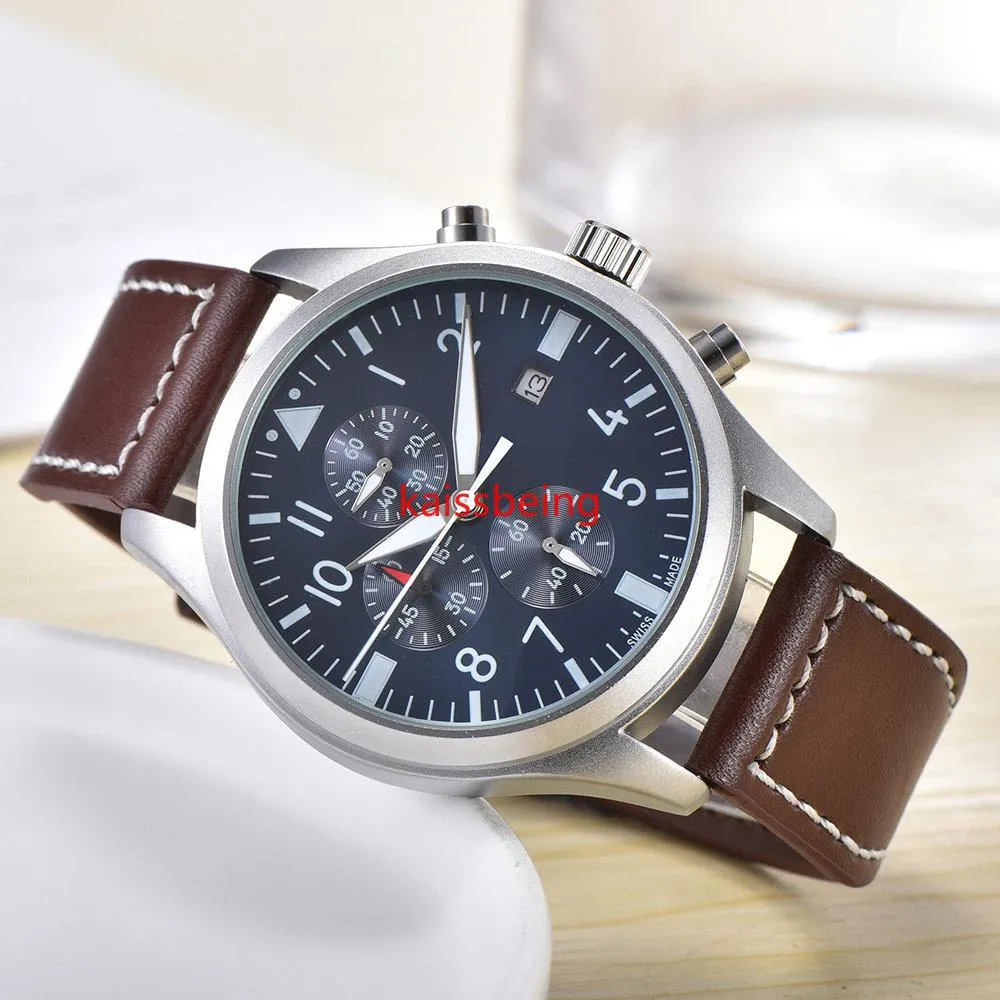 2022 Top Sale Mens Klockor Japan Quartz Movement Dubdial Work Chronograph Watch Leather WatchBand Livsstil Vattentät Pilot Armbandsur Montre de Luxe Watch147