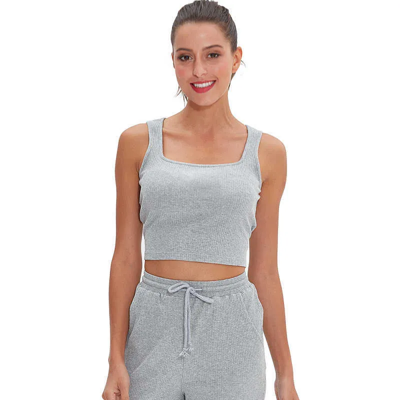 doux tricoté col carré été femmes hauts et chemisiers gris sans manches filles bas chemise M30151 210526