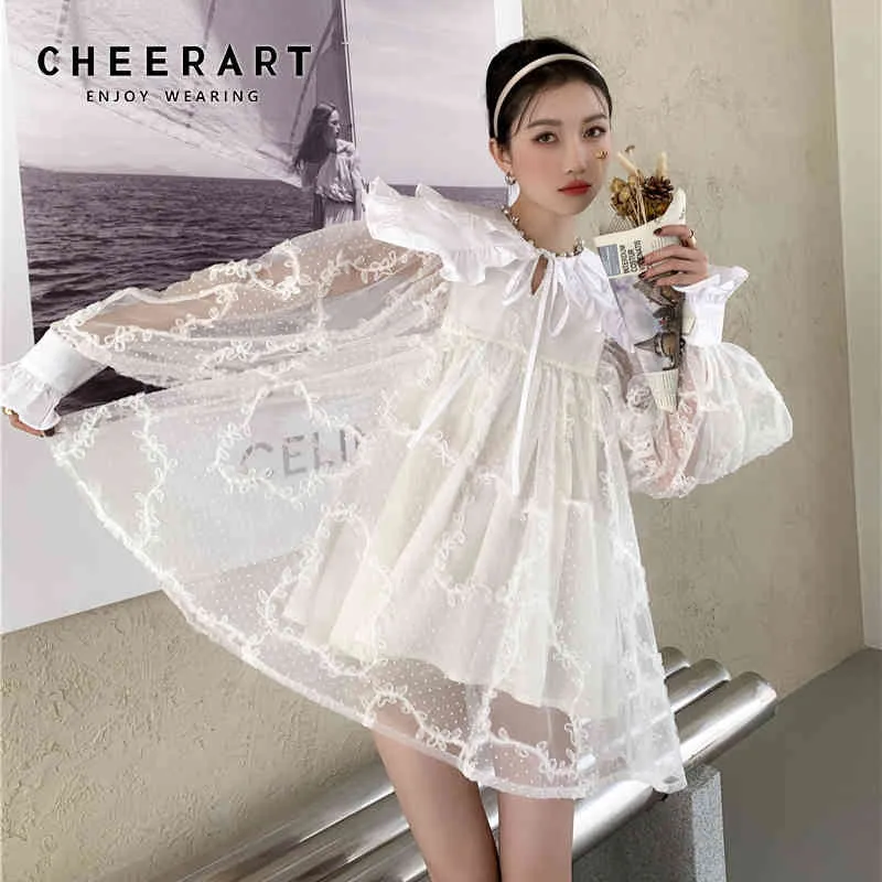 Petal Collar Mesh Ball Gown för Kvinnor Lantern Sleeve Mini Söt Klänning Lång Vår Koreanska Mode Kläder 210427