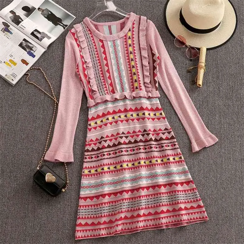 Autumn Korean Sweet Pink Rainbow Striped Bright Silk Knitting Dress Women Long Sleeve Ruffes Knitted Sweater Vestidos 210514