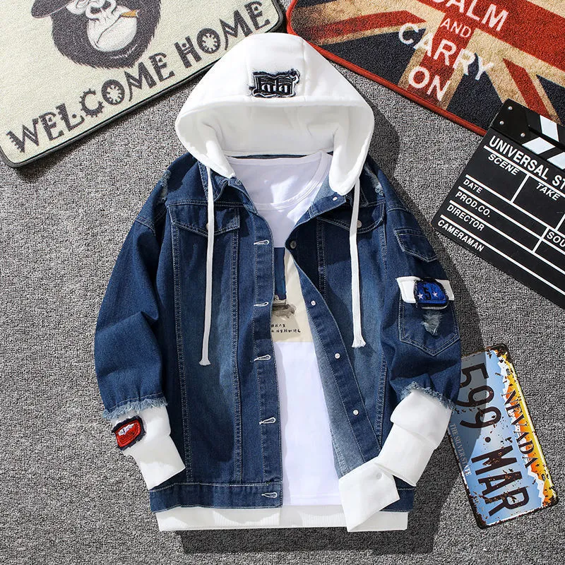 Mens Printed Hooded Jean Jackets Designer Male Spring Hip Hop Slim Denim Jacket Coat Fashion Trend Casual Streetwear Ripped Cowboy Outerwear