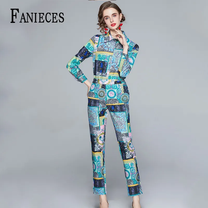 Lente Herfst Fashion Office Lady Runway Broek Pak Sets Women's Long Mouw Print Blouses en Casual Twee Stuks Set 210520