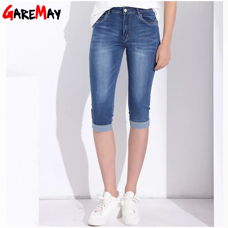 High Waist skinny Capris Jeans Stretch For Women Summer Plus Size Knee Length Short Female Capri Slim 210428