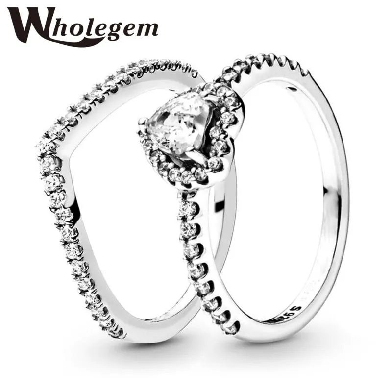 Anneaux de mariage WHOLEGEM mode princesse Wishbone amour coeur empilable ensemble de fiançailles femmes étincelant Zircon bande Couple bijoux