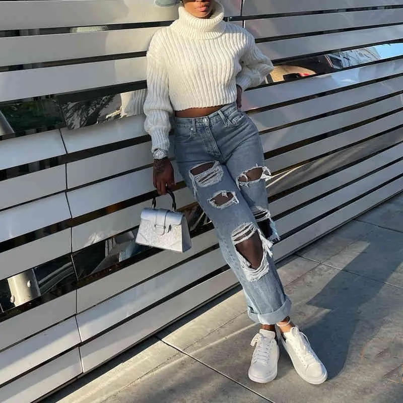 Street Solid Hollowed Out High Waist Straight Denim Jeans Street Solid Hollowed Out High Waist Straight Denim Jeans