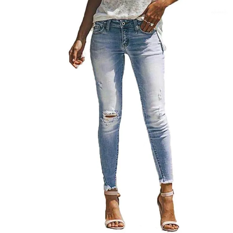 Jeans pour femmes Femmes Sexy Ripped Skinny Mid Taille Hem Pantalon élastique serré Causal Dames Vintage Trou Denim Crayon Pantalon court