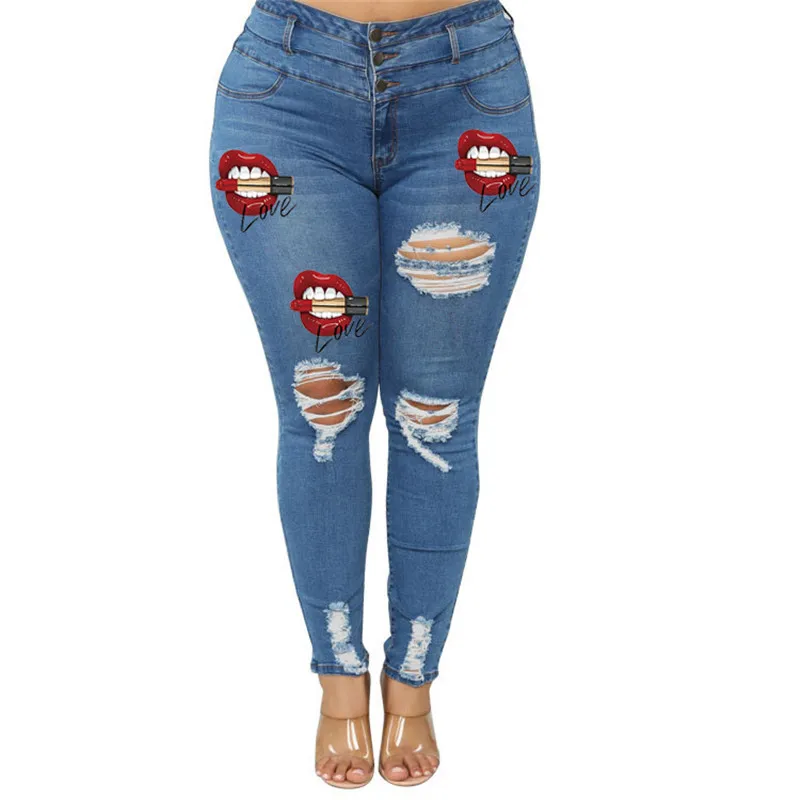 High Waist Plus Size Jeans For Women Fashion Red Lips Printed Ripped Denim Pencil Pant Elastic Casual Jeans L-5XL