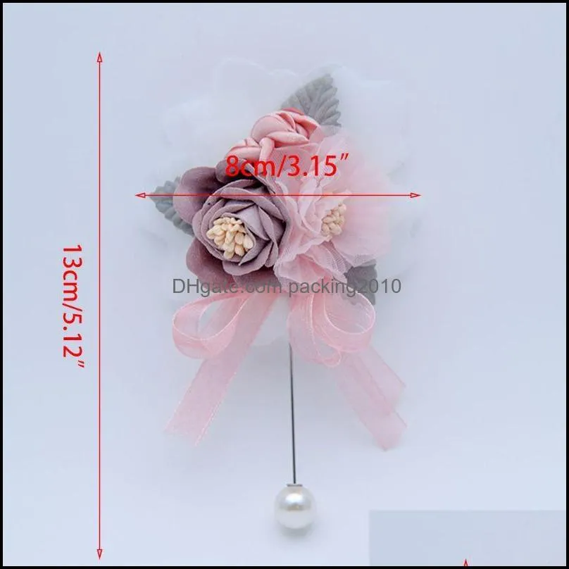 Women Girl Faux Pearl Boutonniere Pins Wedding Bridal Bridesmaid Artificial Flower Ribbons Bowknot Lapel Brooch Party Decoration