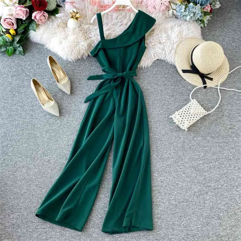 Women's Oblique Collar Suspenders Jumpsuit Female Off-the-shoulder Ruffles Slim Lacing High Waist Wide Leg Pants ML561 210506