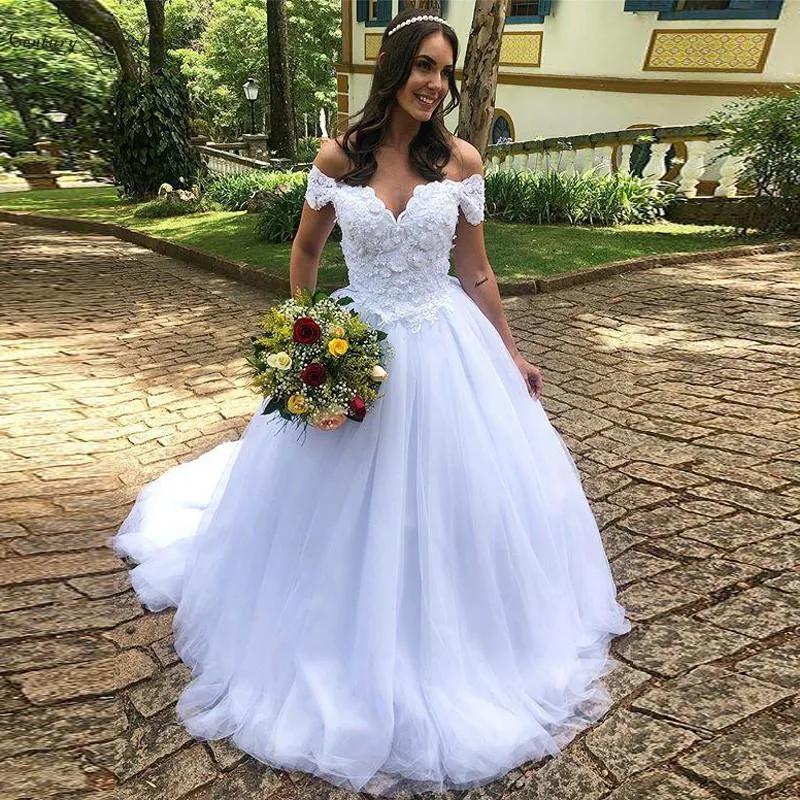 Vestido de noiva av axel spets bröllopsklänningar 2021 3d blomma tulle kjol land stil robe de mariage plus storlek brudklänningar