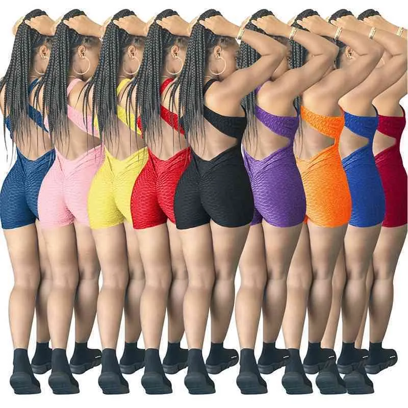 Kvinnor designers kläder bodycon jumpsuits sport väst romer ärmlös bodysuit elegant polyester yoga shorts