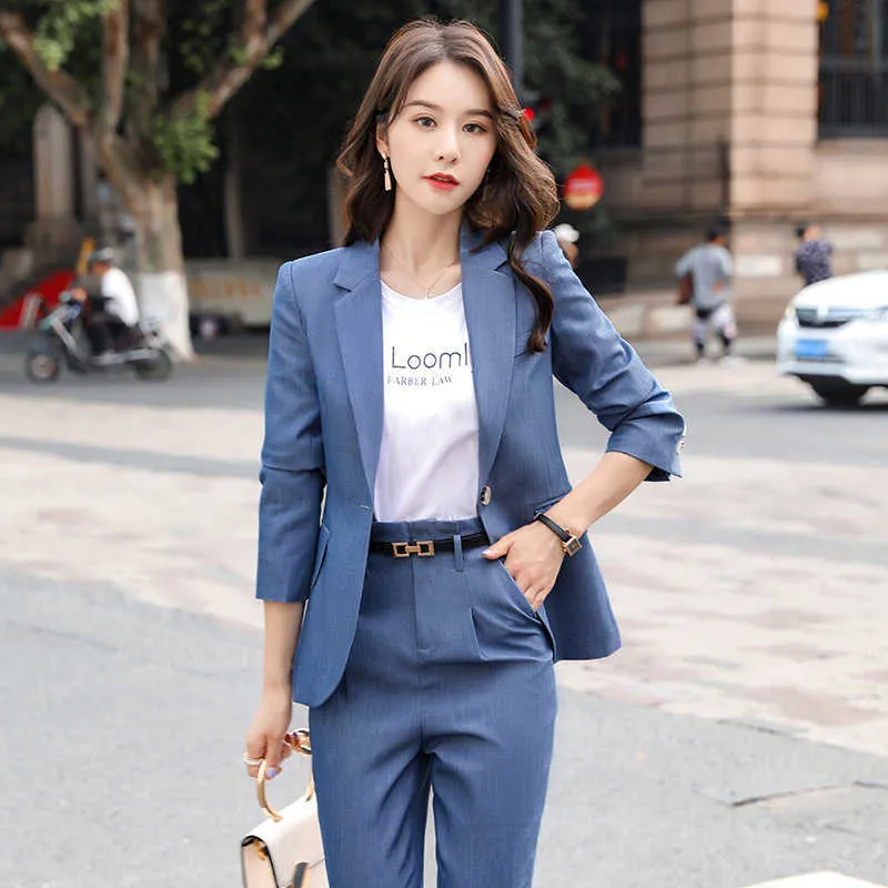 Panie Temperament Biuro wysokiej jakości spodnie garnitur dwuczęściowy jesienne kobiety profesjonalne damskie kurtki Slim spodnie 210527
