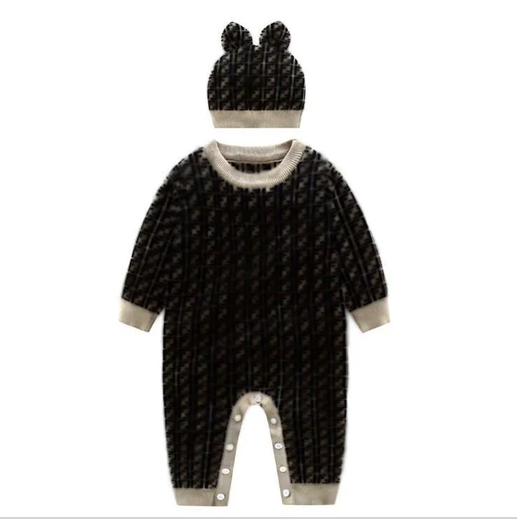 Baby Boys Girls Brand Rompers Letters F Infant Long Sleeve Jumpsuits With Hats Autumn Winter Toddler Keep Warm Knitted Onesies Great Quality Kids Clothing