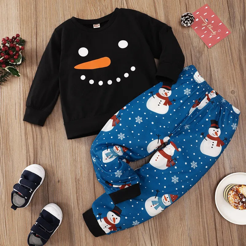 Xmas Baby Meisjes Kleding Sets Lente Herfst Mode Kerstmeisje Outfits Zwarte Lange Mouw Sneeuwpop Sneeuwvlok Gedrukt Middenkind Pak Kinderkleding