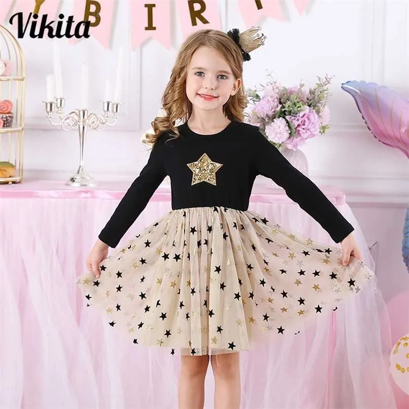 Kids Autumn Winter Dresses for Girls Star Sequins Princess Dress Girls Long Sleeve Party Vestidos Baby Girl Children Clothing 211027