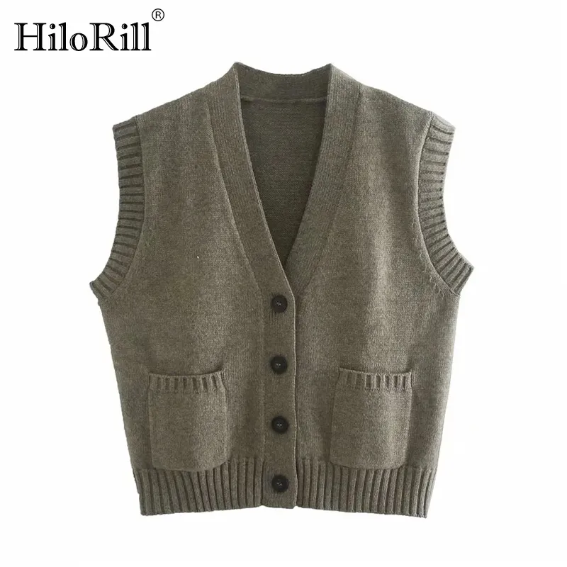 Women Knitted Sweater Vest Cardigan Autumn Sleeveless Solid Casual Sweaters Tops Loose V Neck Pockets Waistcoat 210508