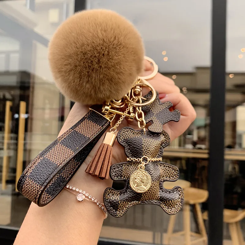 Leather Plaid Bear Keychains High Quality Tassel Hair Ball Pendant Trendy Fashion Car Keyshain Lanyards
