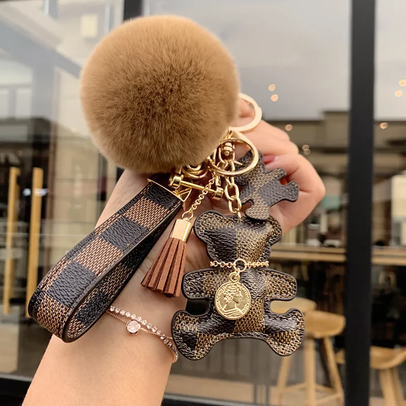 Leather Plaid Bear Keychain With Tassel Hair Ball From