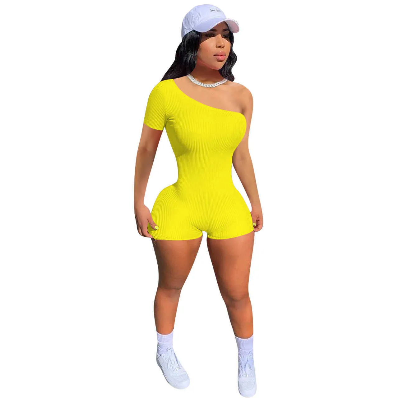 Womens Ribbed One-Shoulder Romper: Spring Summer Jumpsuit