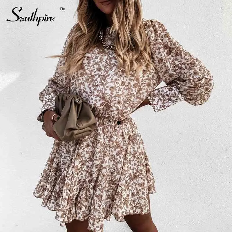 Southpire Simple Brown Flower Print Vintage Robe Femmes À Manches Longues Bouton Street Wear Casual Robe Bureau Lady Party Vêtements 210329