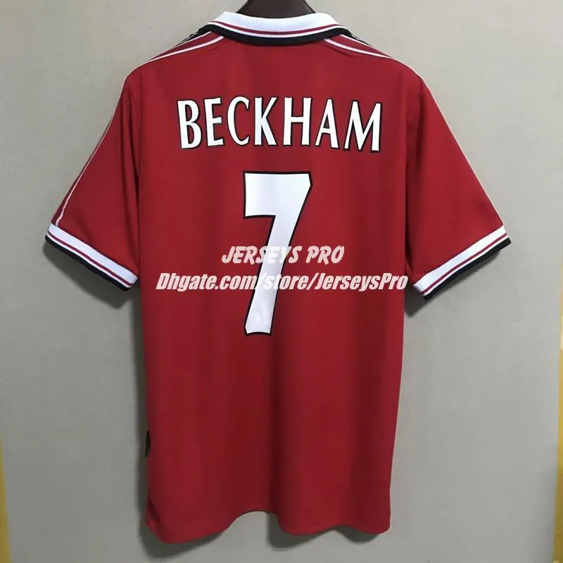 Fan'ın Futbol Tişörtleri David Beckham 1998 1999 98/99 Retro Camiseta Old Trafford Evi Kırmızı Futbol Maillot de Foot Maglia di Calcio Tops